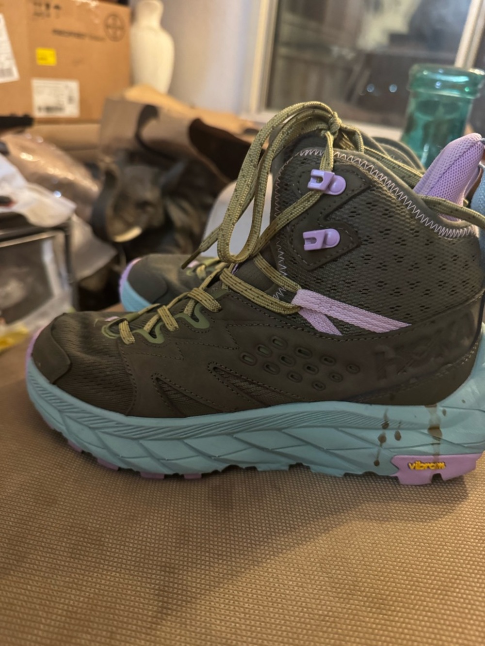 Hoka Women's Olive Green and Light Blue Athletic Boots with Lavender Accents